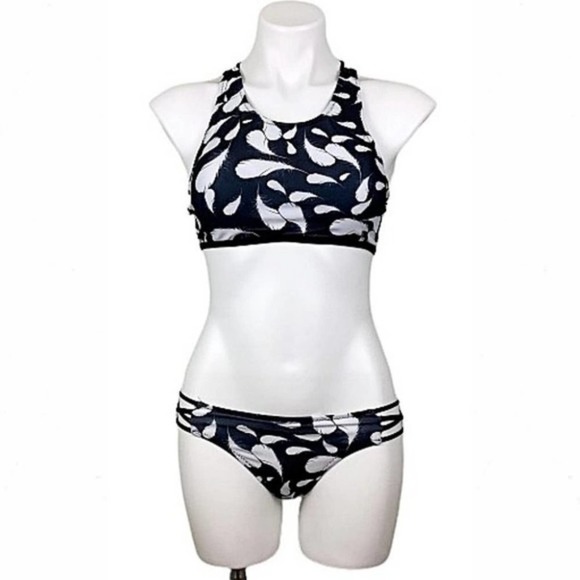 Feather Print High-Neck Strappy Back Cheeky Bikini - Picture 1 of 6